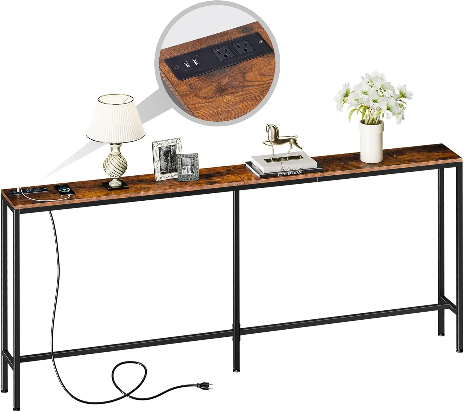 SUPER DEAL 70.8 Inch Narrow Console Table with Power Outlet, Industrial Long Sofa Table with USB Ports Behind Couch Table for Entryway, Hallway, Foyer, Living Room, Rustic Brown