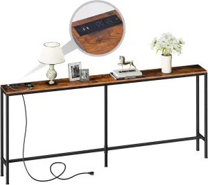 SUPER DEAL 70.8 Inch Narrow Console Table with Power Outlet, Industrial Long Sofa Table with USB Ports Behind Couch Table for Entryway, Hallway, Foyer, Living Room, Rustic Brown
