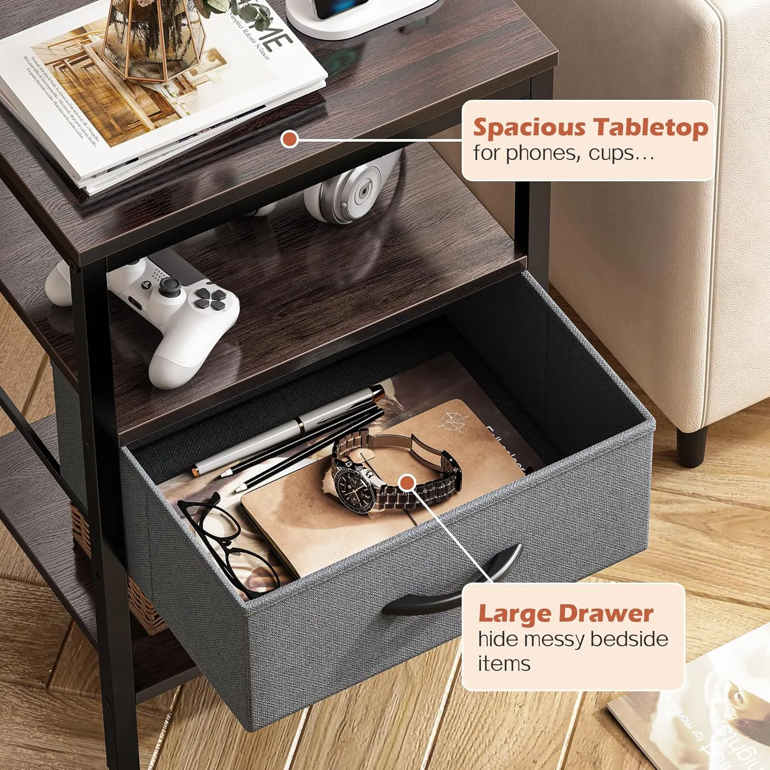 SUPERJARE Nightstand with Charging Station, Bed Side Table with Adjustable Fabric Drawer, Night Stand for Bedroom, 3-Tier Storage End Table, for Living Room - Walnut
