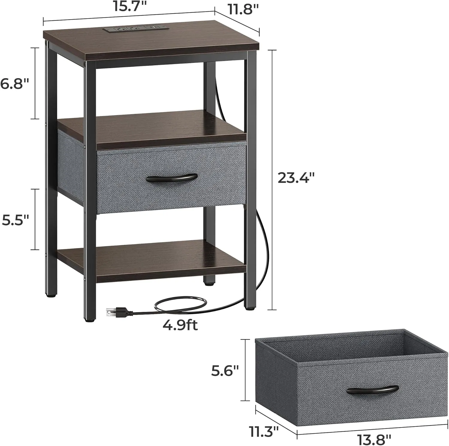 SUPERJARE Nightstand with Charging Station, Bed Side Table with Adjustable Fabric Drawer, Night Stand for Bedroom, 3-Tier Storage End Table, for Living Room - Walnut