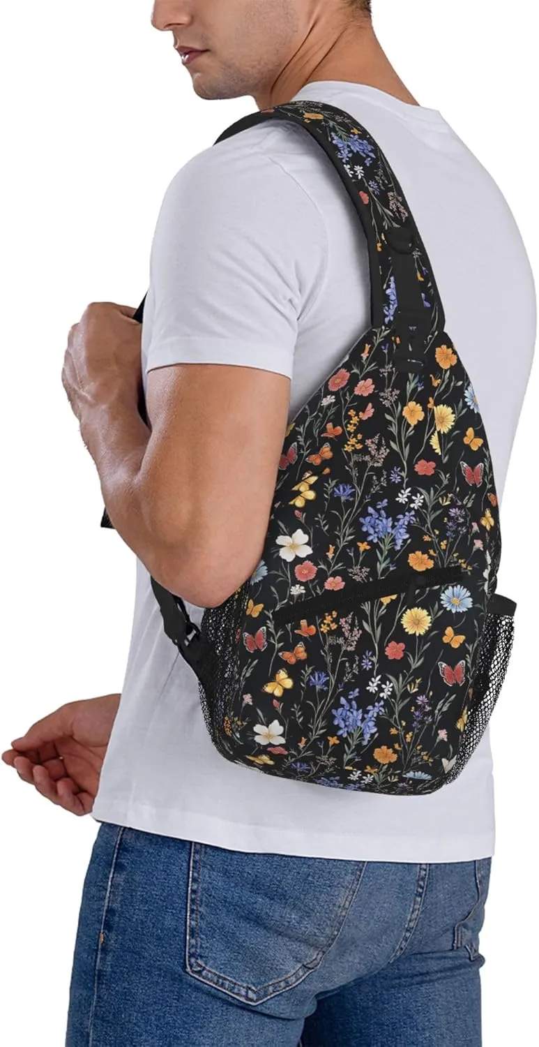SUPLUCHOM Sling Bag Vintage Botanical Flower Wildflower Hiking Daypack Crossbody Shoulder Backpack Travel Chest Pack for Men Women