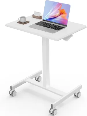 Sweetcrispy Mobile Small Standing Desk - Sit Stand Portable Rolling Laptop Desk with Lockable Wheels, Adjustable Height Computer Workstations, White