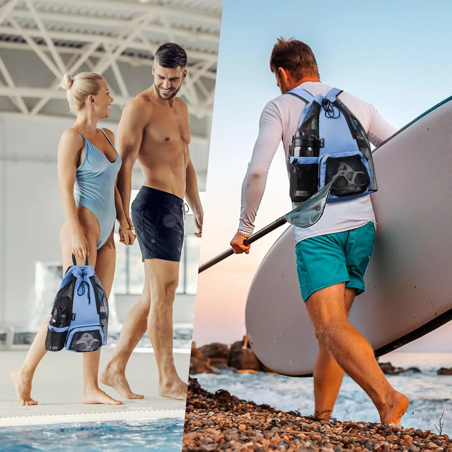 Swim Bag Beach Backpack with Padded Shoulder Strap Mesh Backpack with Wet Pocket for Swimming, Gym