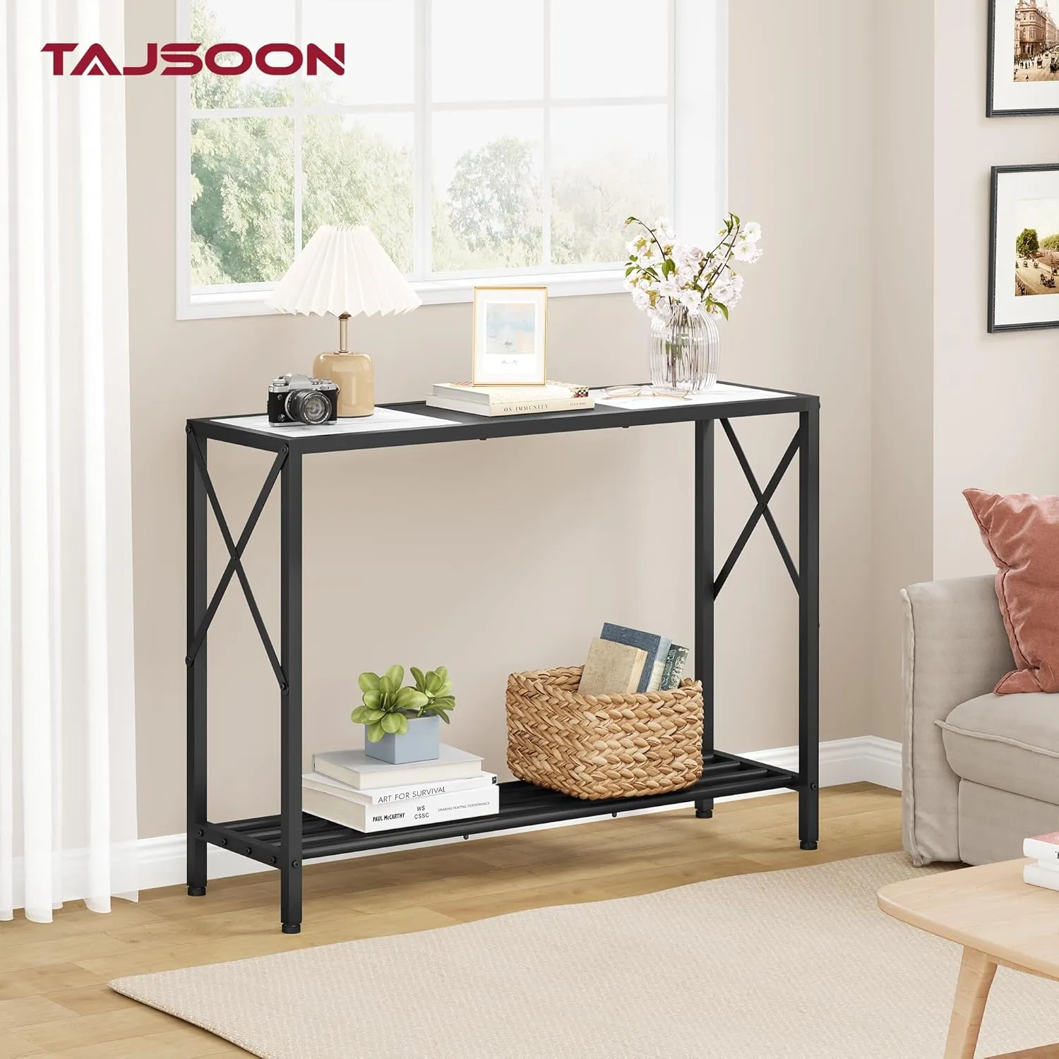 Tajsoon Console Table, 2-Tier Entryway Table, 41.8”L Narrow Sofa Table with Shelves, Entrance Table for Hallway, Entryway, Living Room, Foyer, Corridor, Office, Black & White