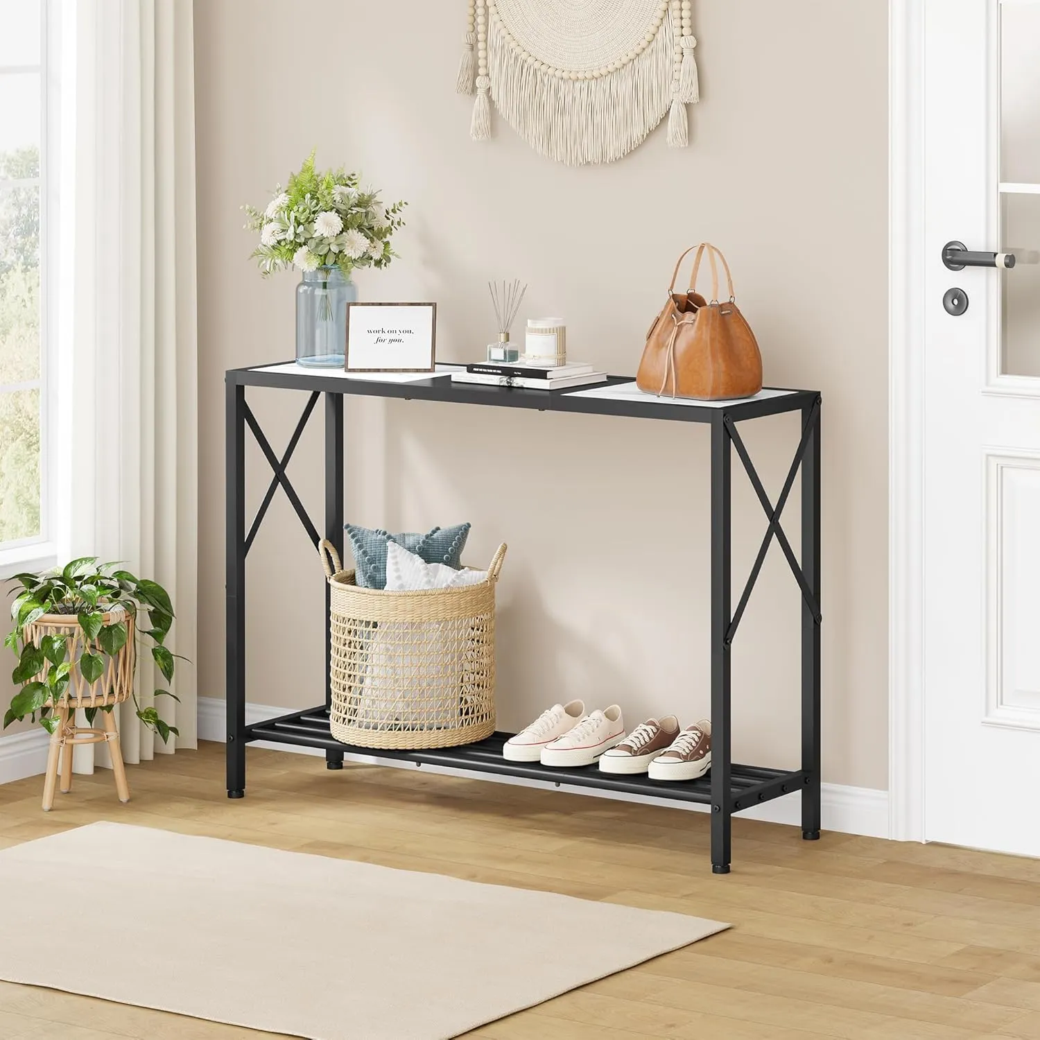Tajsoon Console Table, 2-Tier Entryway Table, 41.8”L Narrow Sofa Table with Shelves, Entrance Table for Hallway, Entryway, Living Room, Foyer, Corridor, Office, Black & White