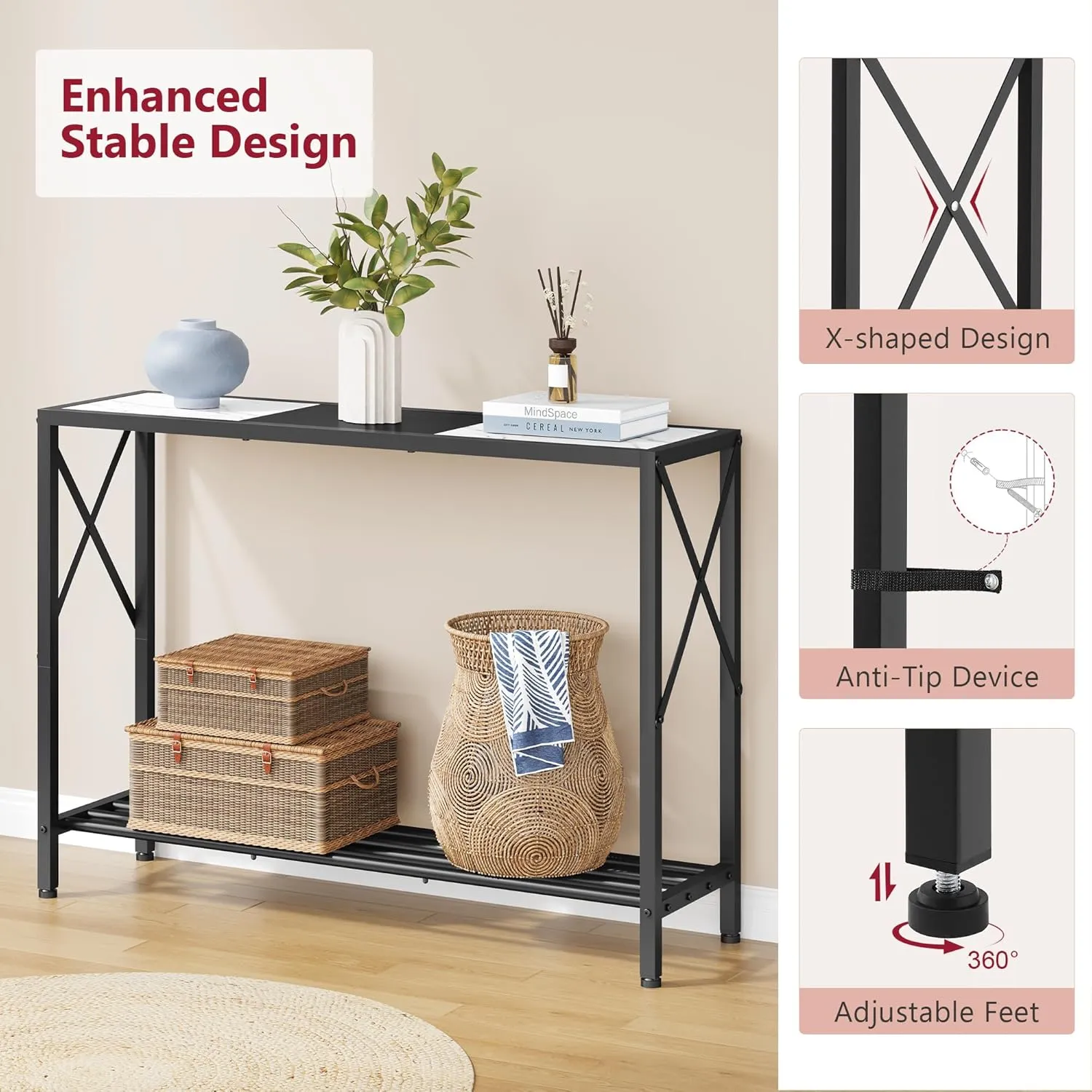 Tajsoon Console Table, 2-Tier Entryway Table, 41.8”L Narrow Sofa Table with Shelves, Entrance Table for Hallway, Entryway, Living Room, Foyer, Corridor, Office, Black & White