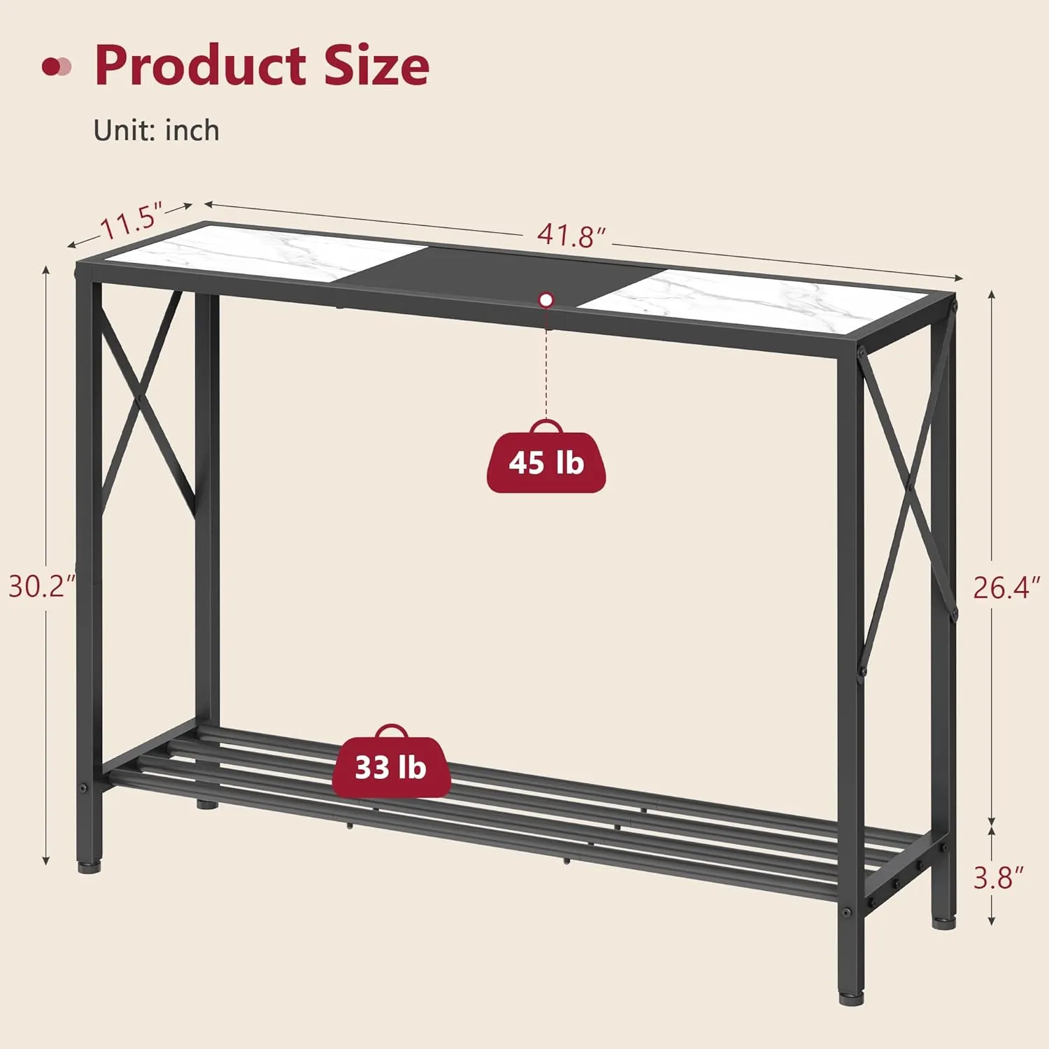 Tajsoon Console Table, 2-Tier Entryway Table, 41.8”L Narrow Sofa Table with Shelves, Entrance Table for Hallway, Entryway, Living Room, Foyer, Corridor, Office, Black & White