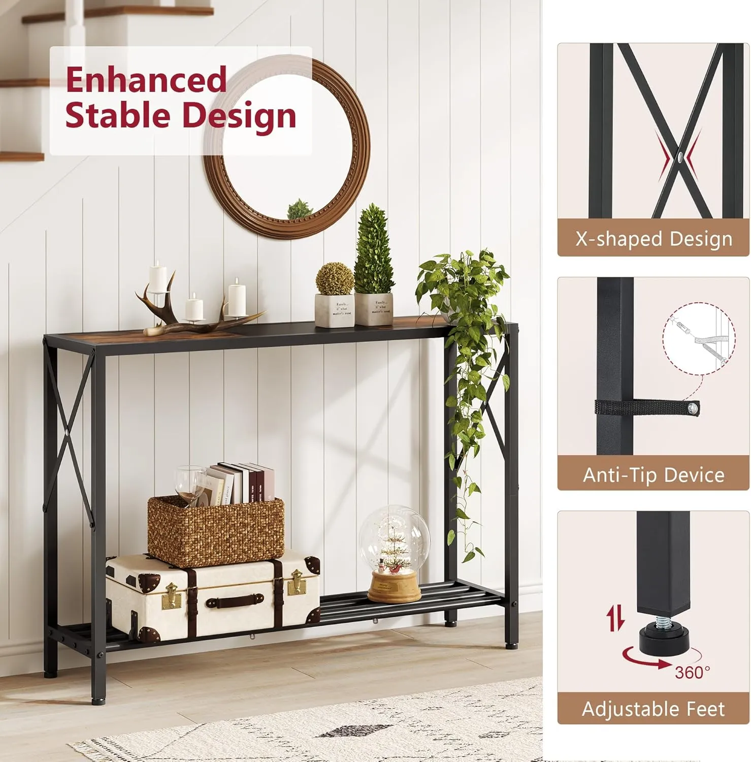 Tajsoon Console Table, 2-Tier Industrial Entryway Table, 41.8”L Narrow Entrance Sofa Table with Shelves, Hallway, Living Room, Foyer, Corridor, Office, Rustic Brown and Black