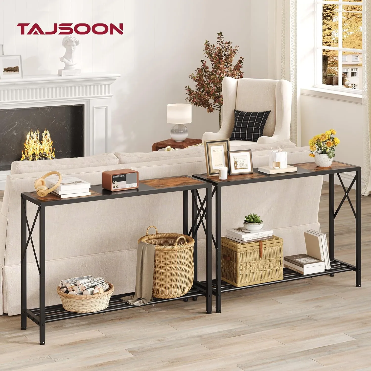 Tajsoon Console Table, 2-Tier Industrial Entryway Table, 41.8”L Narrow Entrance Sofa Table with Shelves, Hallway, Living Room, Foyer, Corridor, Office, Rustic Brown and Black