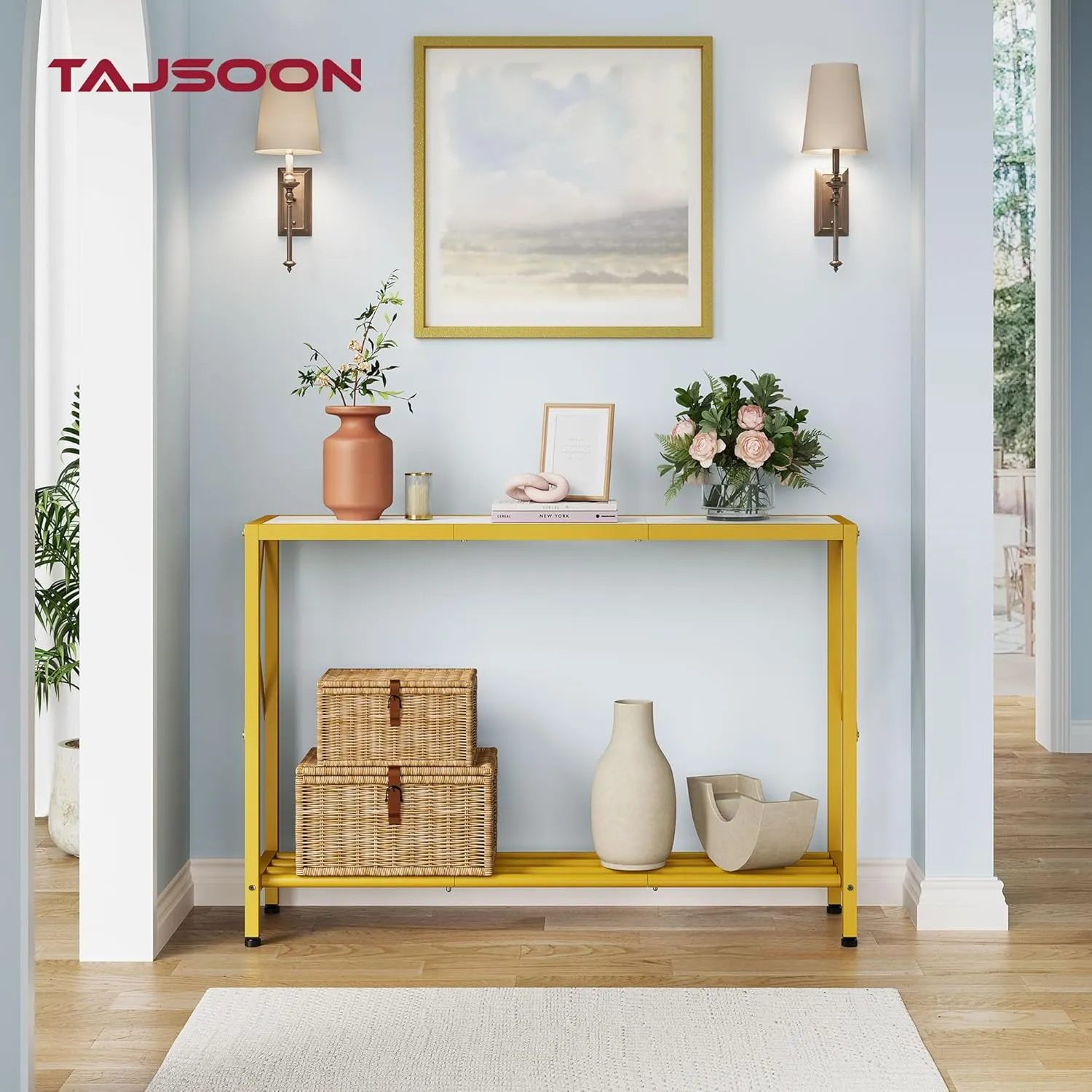 Tajsoon Entryway Table, 2-Tier Entry Way Console Entrance Table, 41.7”L Narrow Sofa Table with Shelves, Ideal for Hallway, Entryway, Living Room, Foyer, Corridor, and Office (Gold & White)