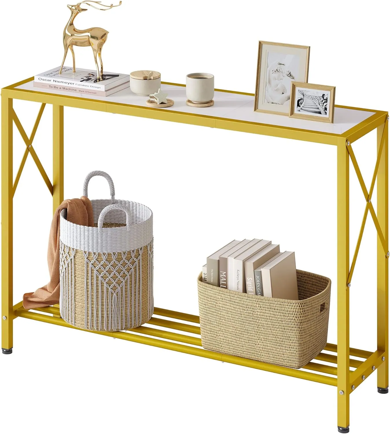 Tajsoon Entryway Table, 2-Tier Entry Way Console Entrance Table, 41.7”L Narrow Sofa Table with Shelves, Ideal for Hallway, Entryway, Living Room, Foyer, Corridor, and Office (Gold & White)