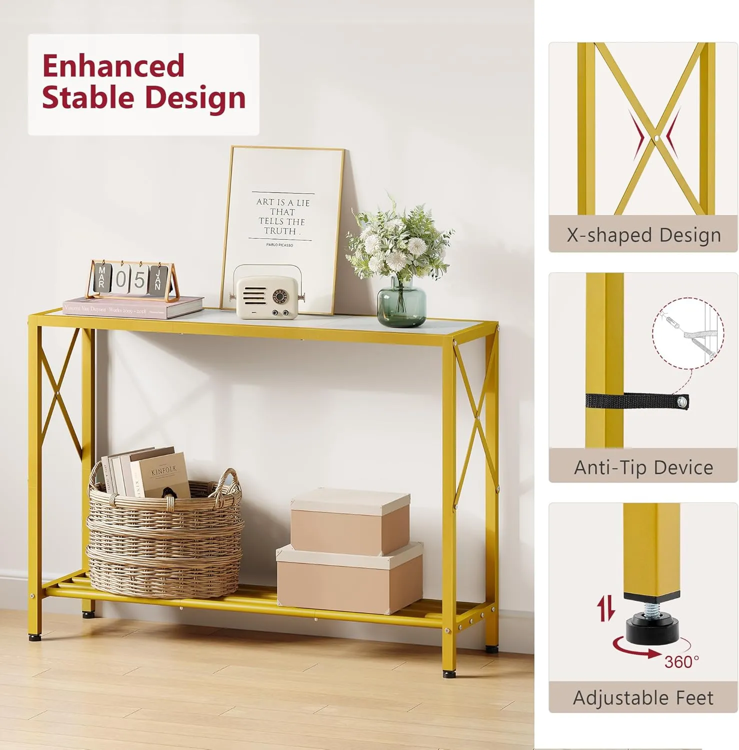 Tajsoon Entryway Table, 2-Tier Entry Way Console Entrance Table, 41.7”L Narrow Sofa Table with Shelves, Ideal for Hallway, Entryway, Living Room, Foyer, Corridor, and Office (Gold & White)