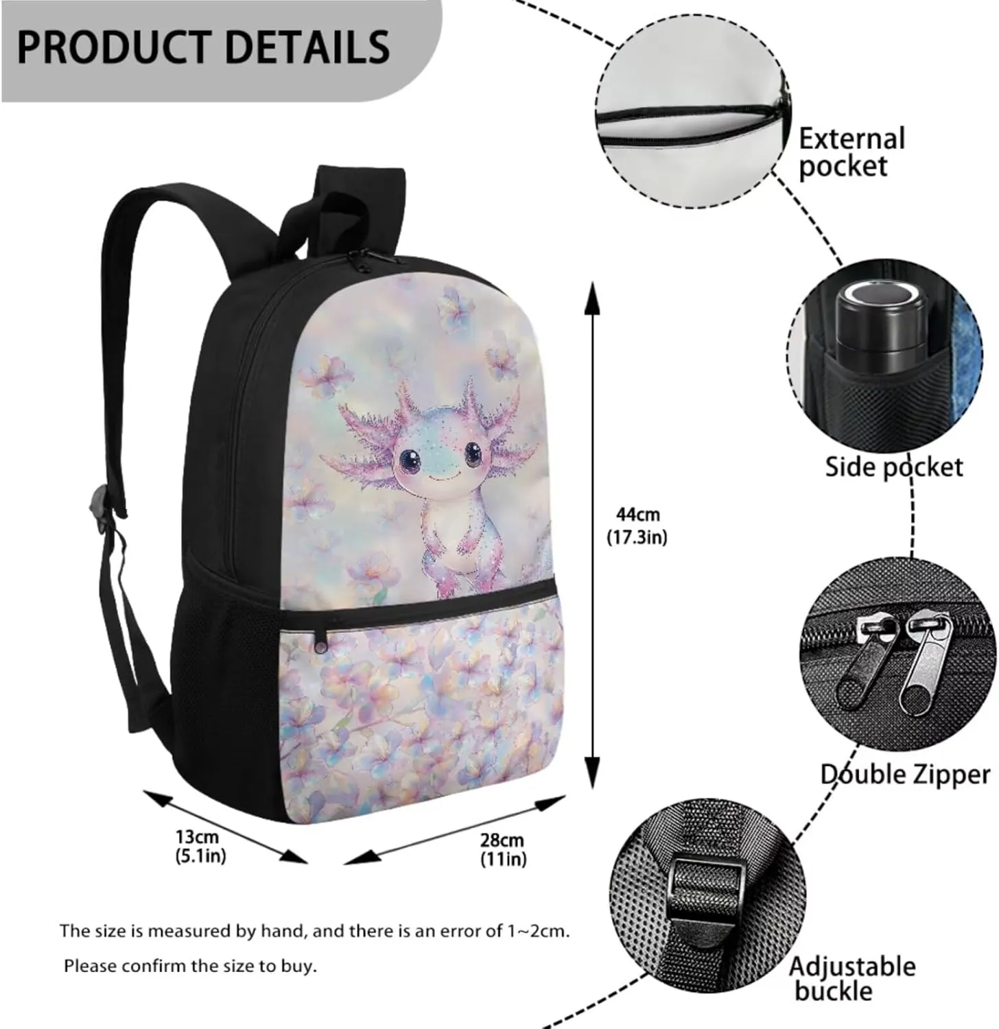 Talayituse Axolotl Cherry Blossom Print School Bookbag Set of 3 for Teens Girls, Kids Backpack with Insulated Lunch Box Pencil Case, Large Kids Schoolbag Book Bag for Elementary