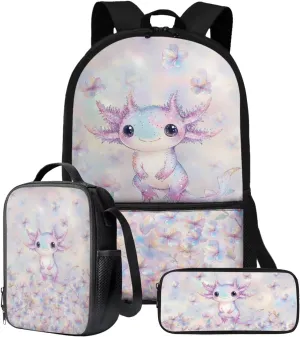 Talayituse Axolotl Cherry Blossom Print School Bookbag Set of 3 for Teens Girls, Kids Backpack with Insulated Lunch Box Pencil Case, Large Kids Schoolbag Book Bag for Elementary