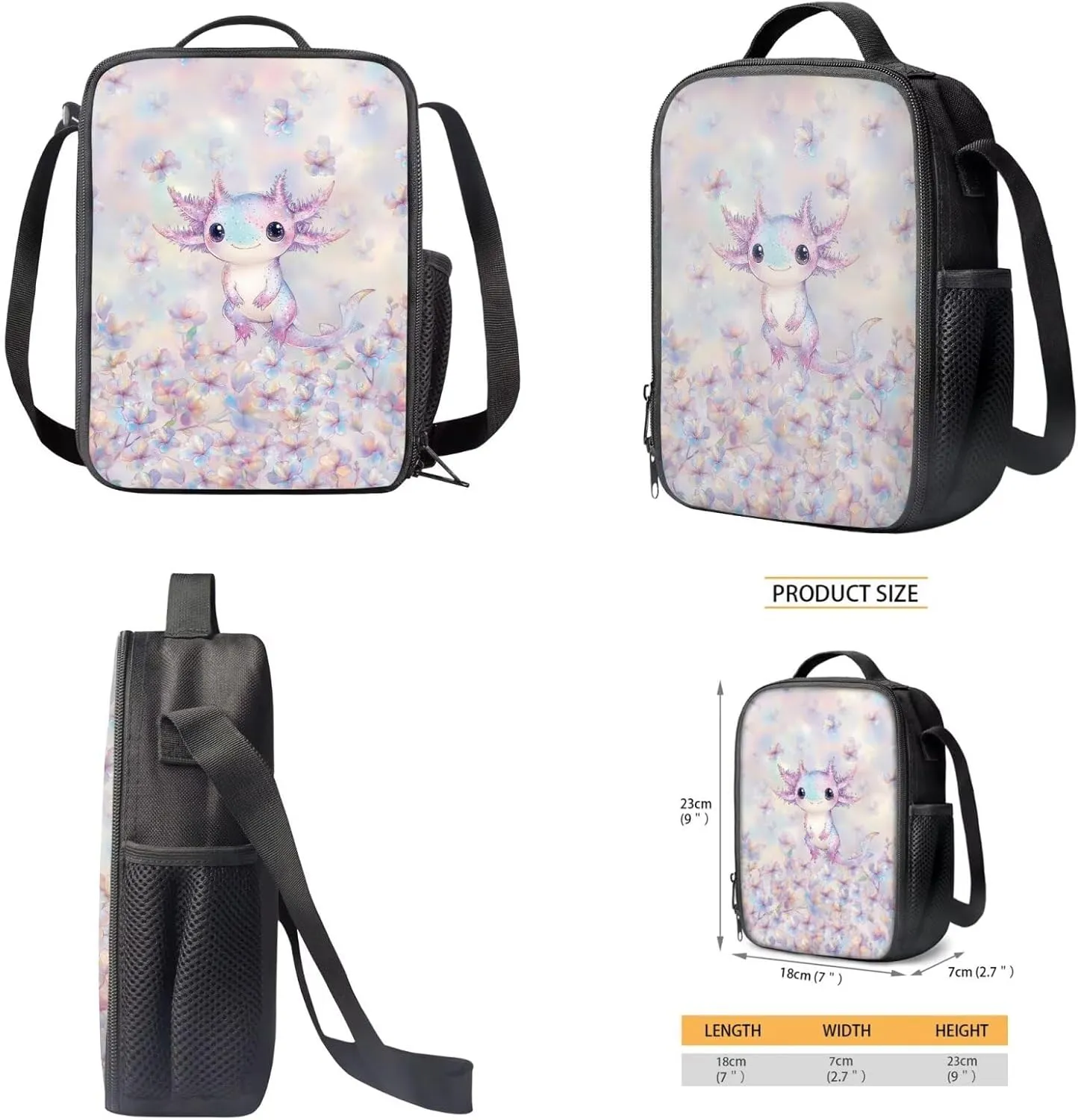 Talayituse Axolotl Cherry Blossom Print School Bookbag Set of 3 for Teens Girls, Kids Backpack with Insulated Lunch Box Pencil Case, Large Kids Schoolbag Book Bag for Elementary