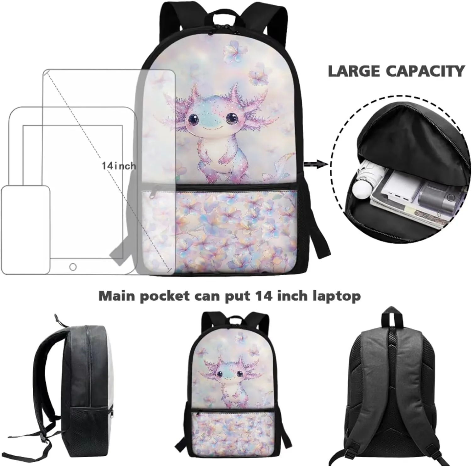 Talayituse Axolotl Cherry Blossom Print School Bookbag Set of 3 for Teens Girls, Kids Backpack with Insulated Lunch Box Pencil Case, Large Kids Schoolbag Book Bag for Elementary