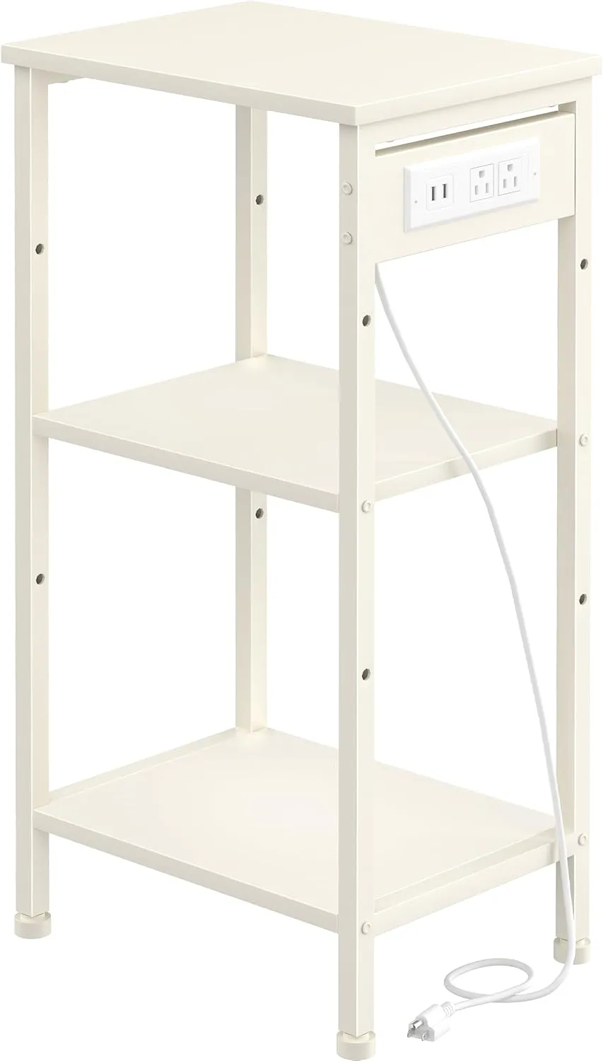 Tall End Table with Charging Station, 3 Tier Narrow Tall Nightstand with Storage, Slim Side Table for Bedroom, Living Room, Nursery, Offiec, Cream White