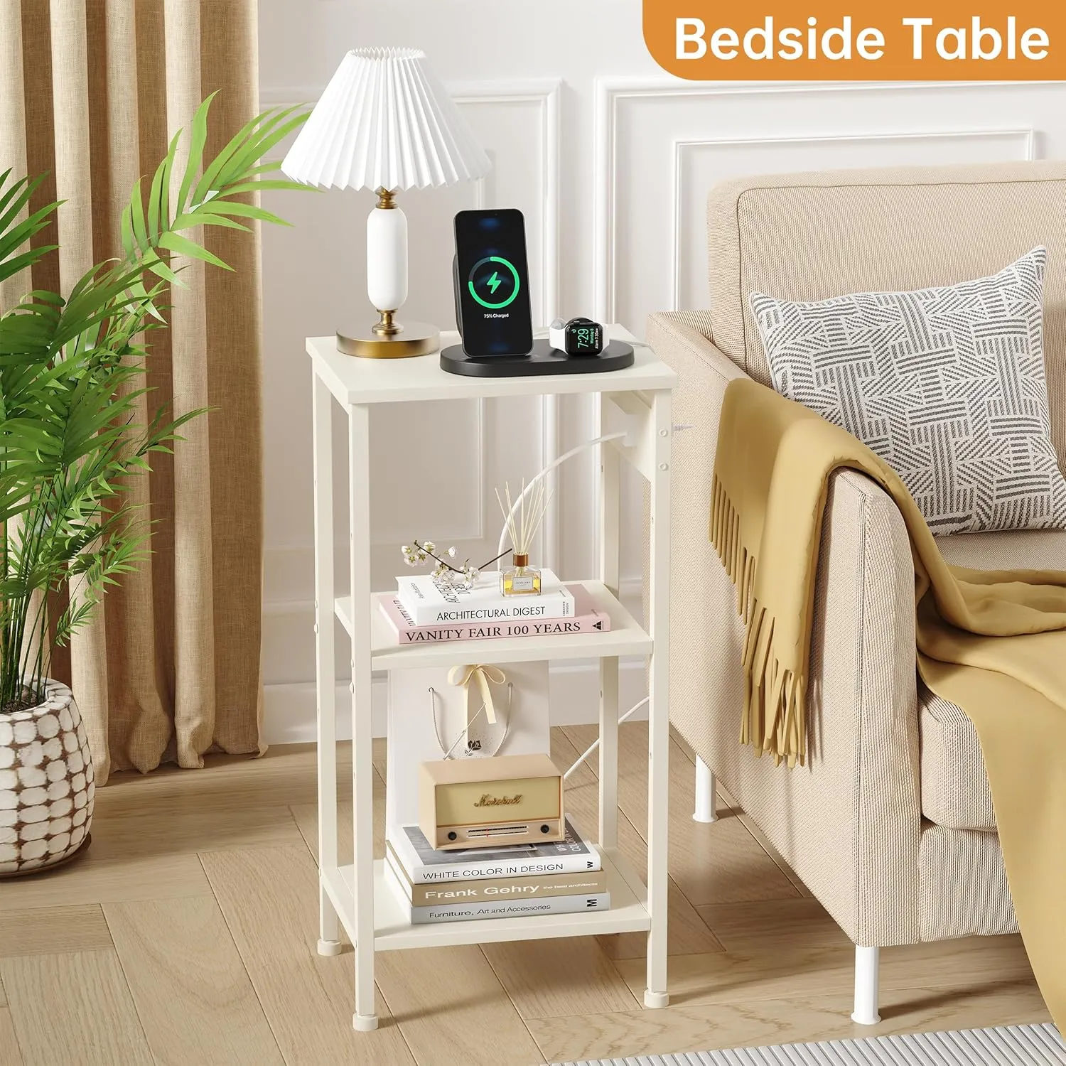 Tall End Table with Charging Station, 3 Tier Narrow Tall Nightstand with Storage, Slim Side Table for Bedroom, Living Room, Nursery, Offiec, Cream White