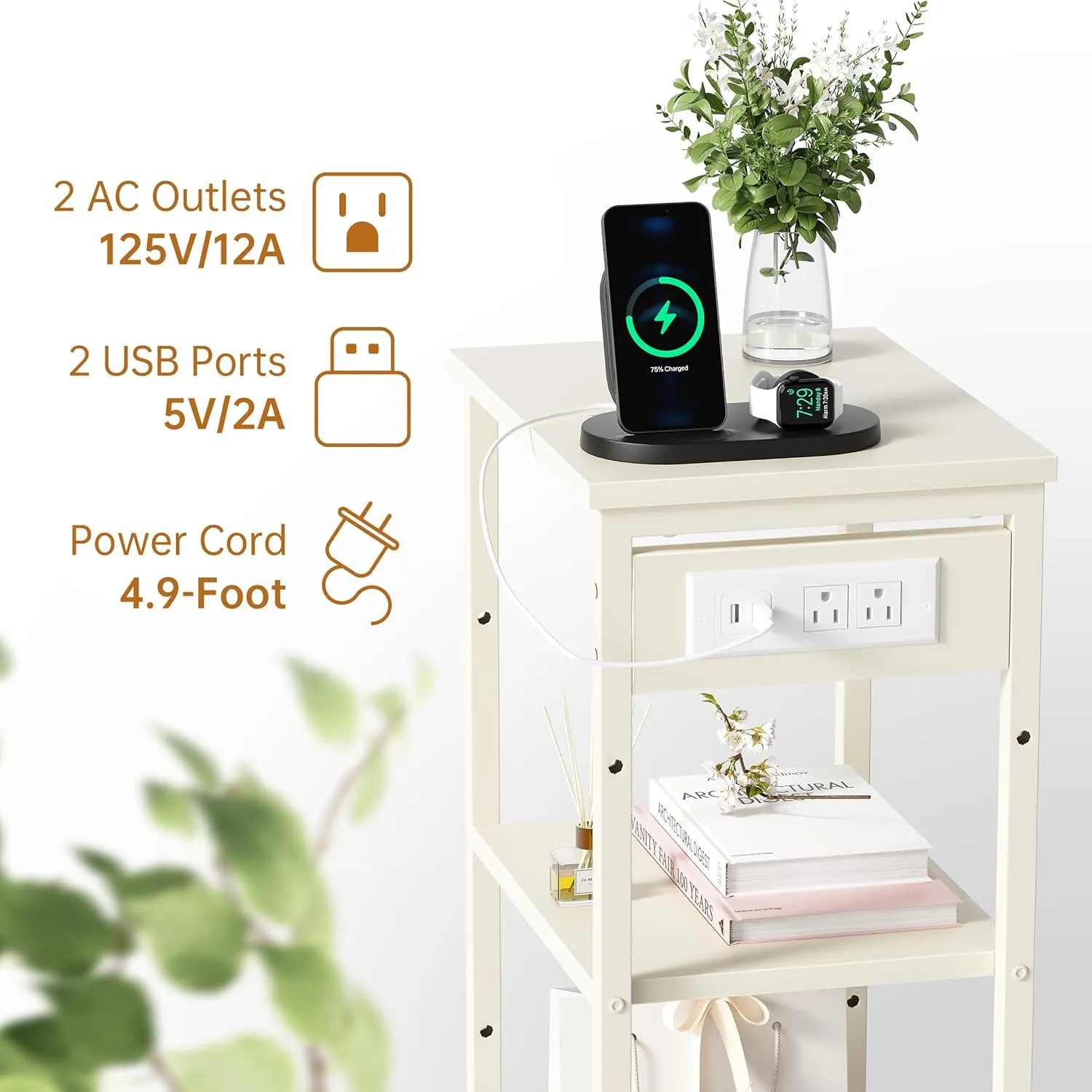 Tall End Table with Charging Station, 3 Tier Narrow Tall Nightstand with Storage, Slim Side Table for Bedroom, Living Room, Nursery, Offiec, Cream White