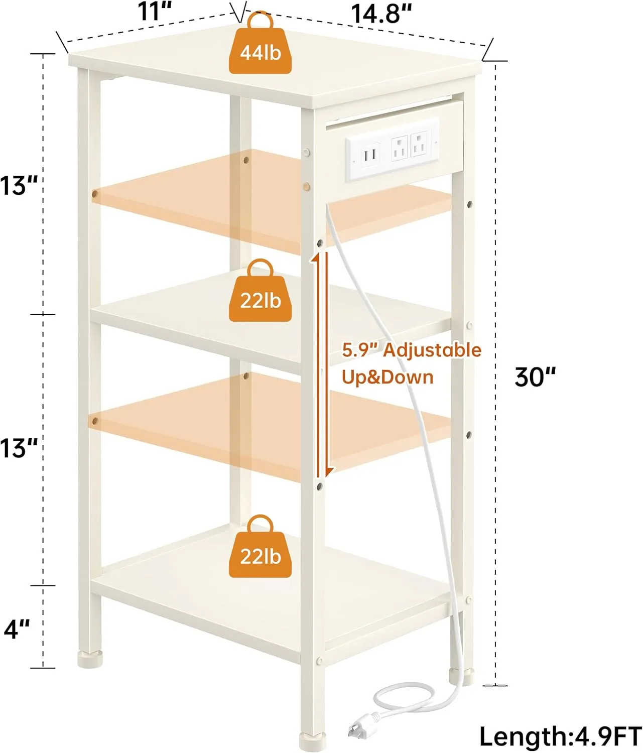 Tall End Table with Charging Station, 3 Tier Narrow Tall Nightstand with Storage, Slim Side Table for Bedroom, Living Room, Nursery, Offiec, Cream White