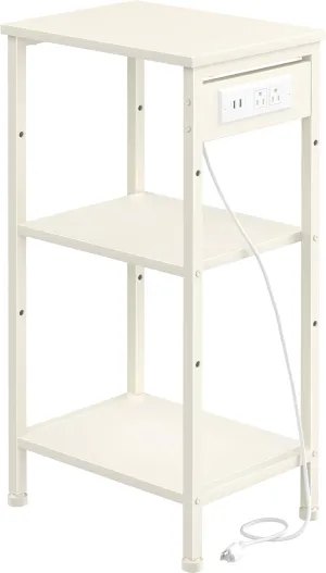 Tall End Table with Charging Station, 3 Tier Narrow Tall Nightstand with Storage, Slim Side Table for Bedroom, Living Room, Nursery, Offiec, Cream White