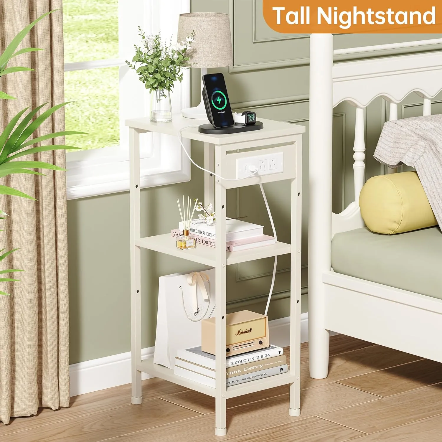 Tall End Table with Charging Station, 3 Tier Narrow Tall Nightstand with Storage, Slim Side Table for Bedroom, Living Room, Nursery, Offiec, Cream White