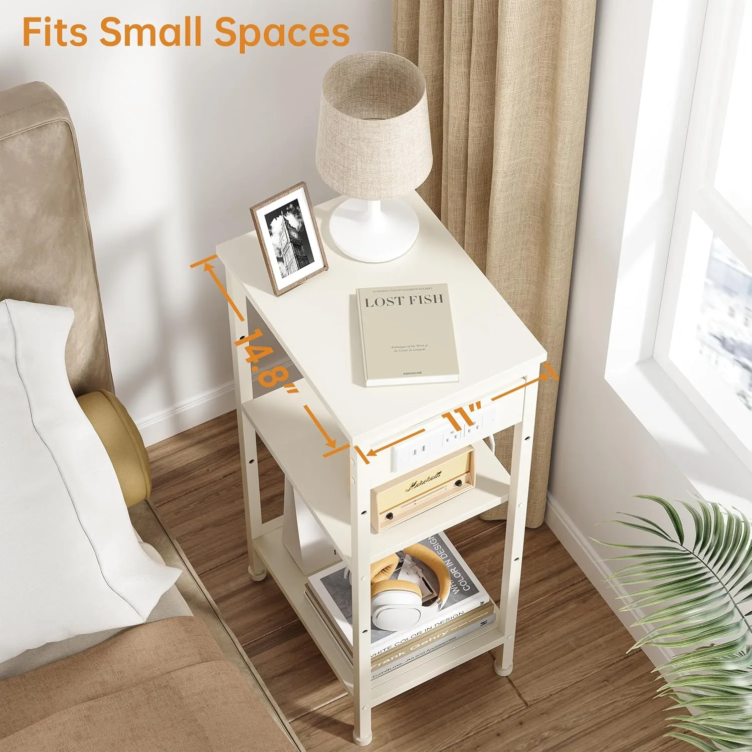 Tall End Table with Charging Station, 3 Tier Narrow Tall Nightstand with Storage, Slim Side Table for Bedroom, Living Room, Nursery, Offiec, Cream White