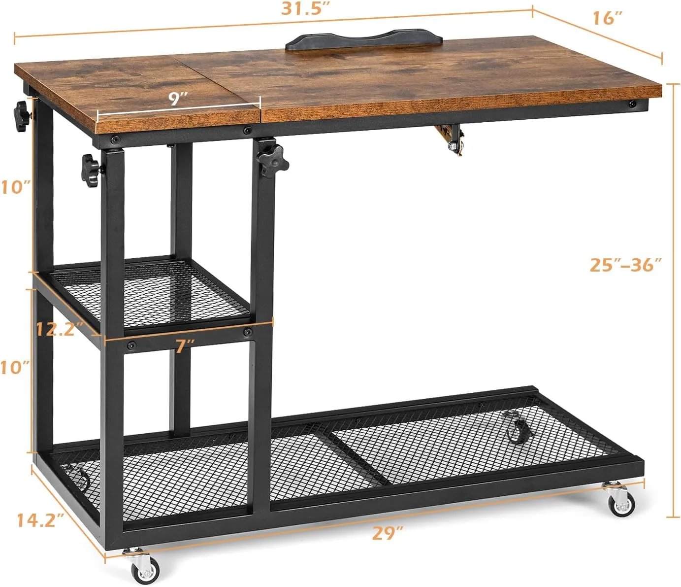 Tangkula Height Adjustable C Shaped End Table with Lockable Wheels, Mobile Couch Desk Table with Tiltable Table Top, Sofa Bedside Laptop Stand TV Tray with Storage Shelves, Snack Side Table