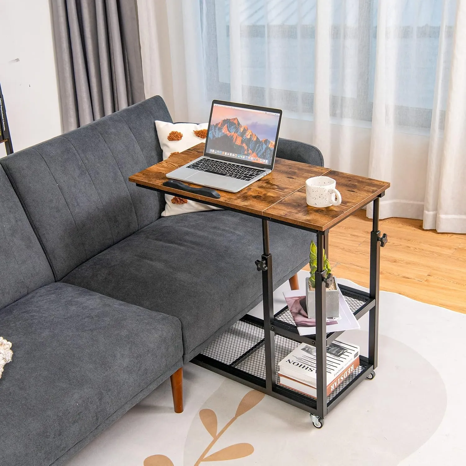 Tangkula Height Adjustable C Shaped End Table with Lockable Wheels, Mobile Couch Desk Table with Tiltable Table Top, Sofa Bedside Laptop Stand TV Tray with Storage Shelves, Snack Side Table
