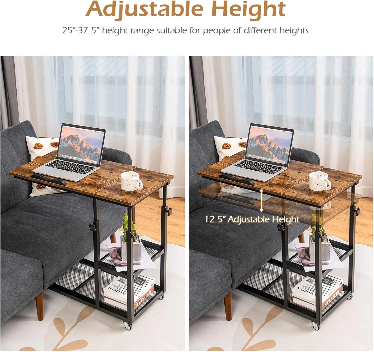 Tangkula Height Adjustable C Shaped End Table with Lockable Wheels, Mobile Couch Desk Table with Tiltable Table Top, Sofa Bedside Laptop Stand TV Tray with Storage Shelves, Snack Side Table