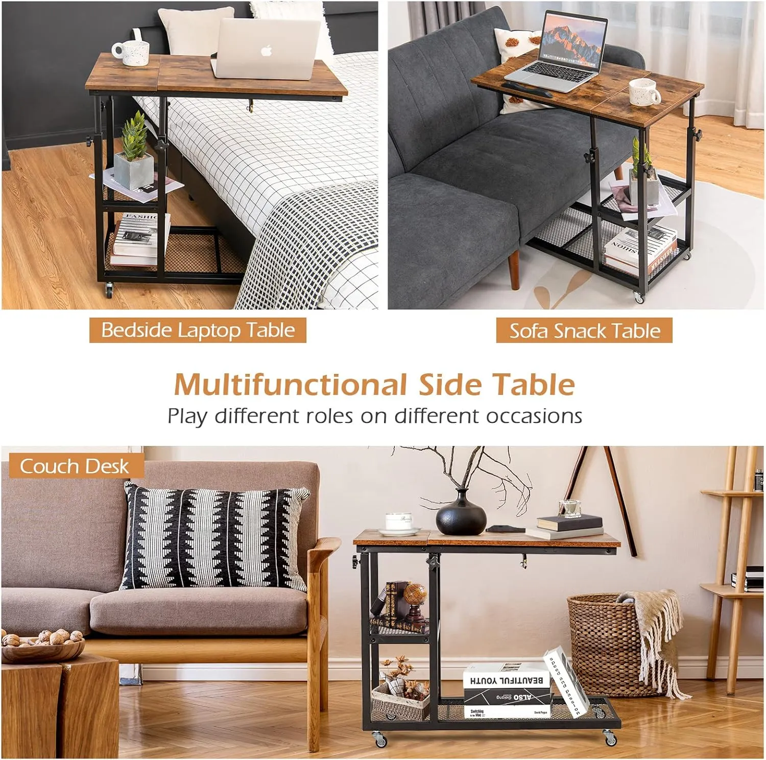 Tangkula Height Adjustable C Shaped End Table with Lockable Wheels, Mobile Couch Desk Table with Tiltable Table Top, Sofa Bedside Laptop Stand TV Tray with Storage Shelves, Snack Side Table