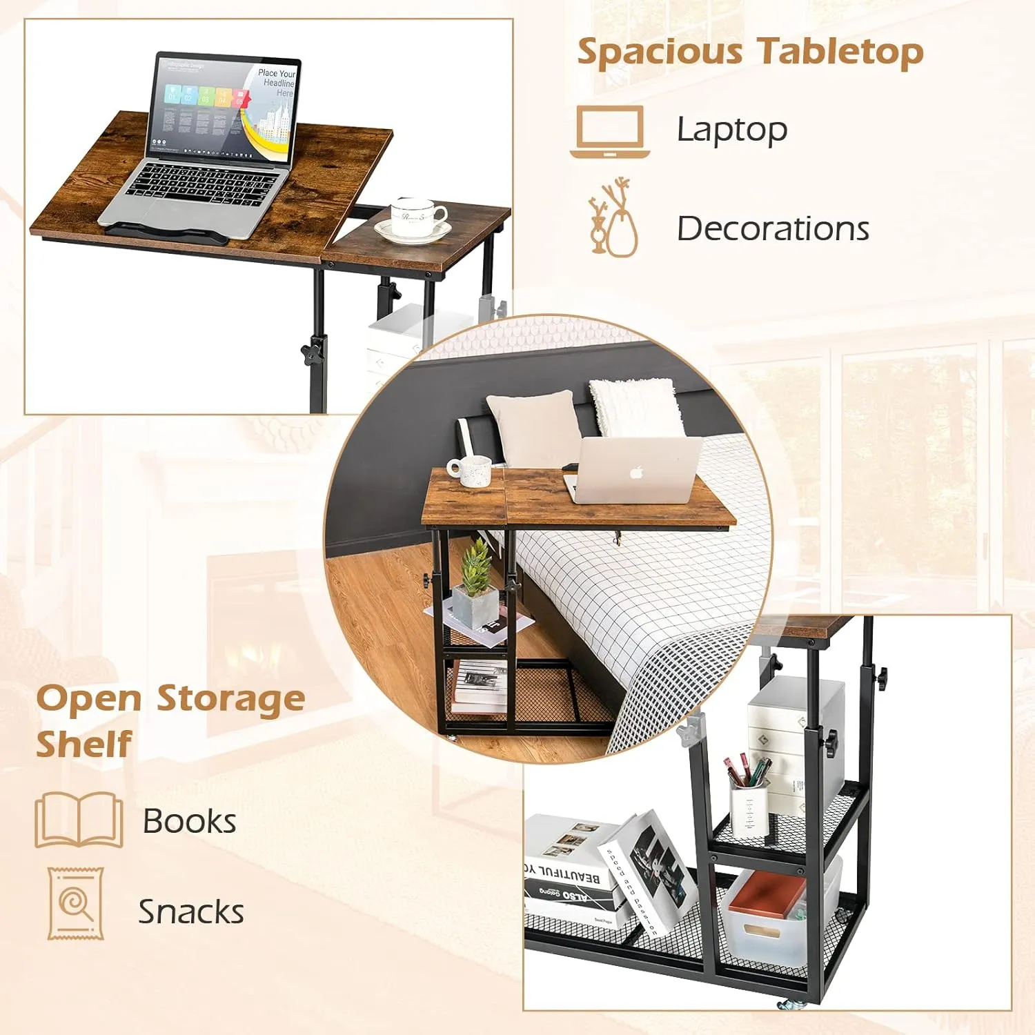 Tangkula Height Adjustable C Shaped End Table with Lockable Wheels, Mobile Couch Desk Table with Tiltable Table Top, Sofa Bedside Laptop Stand TV Tray with Storage Shelves, Snack Side Table