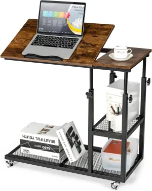 Tangkula Height Adjustable C Shaped End Table with Lockable Wheels, Mobile Couch Desk Table with Tiltable Table Top, Sofa Bedside Laptop Stand TV Tray with Storage Shelves, Snack Side Table