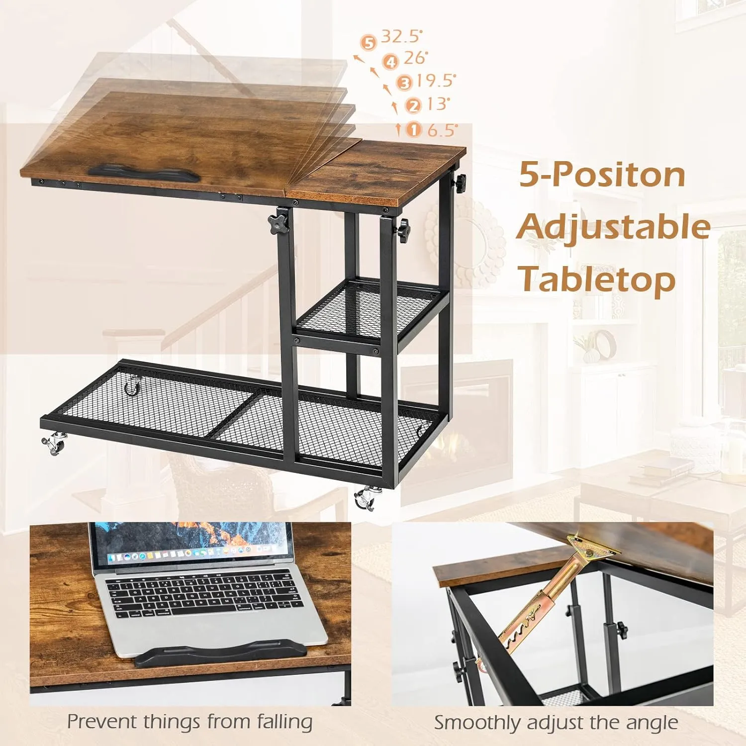Tangkula Height Adjustable C Shaped End Table with Lockable Wheels, Mobile Couch Desk Table with Tiltable Table Top, Sofa Bedside Laptop Stand TV Tray with Storage Shelves, Snack Side Table