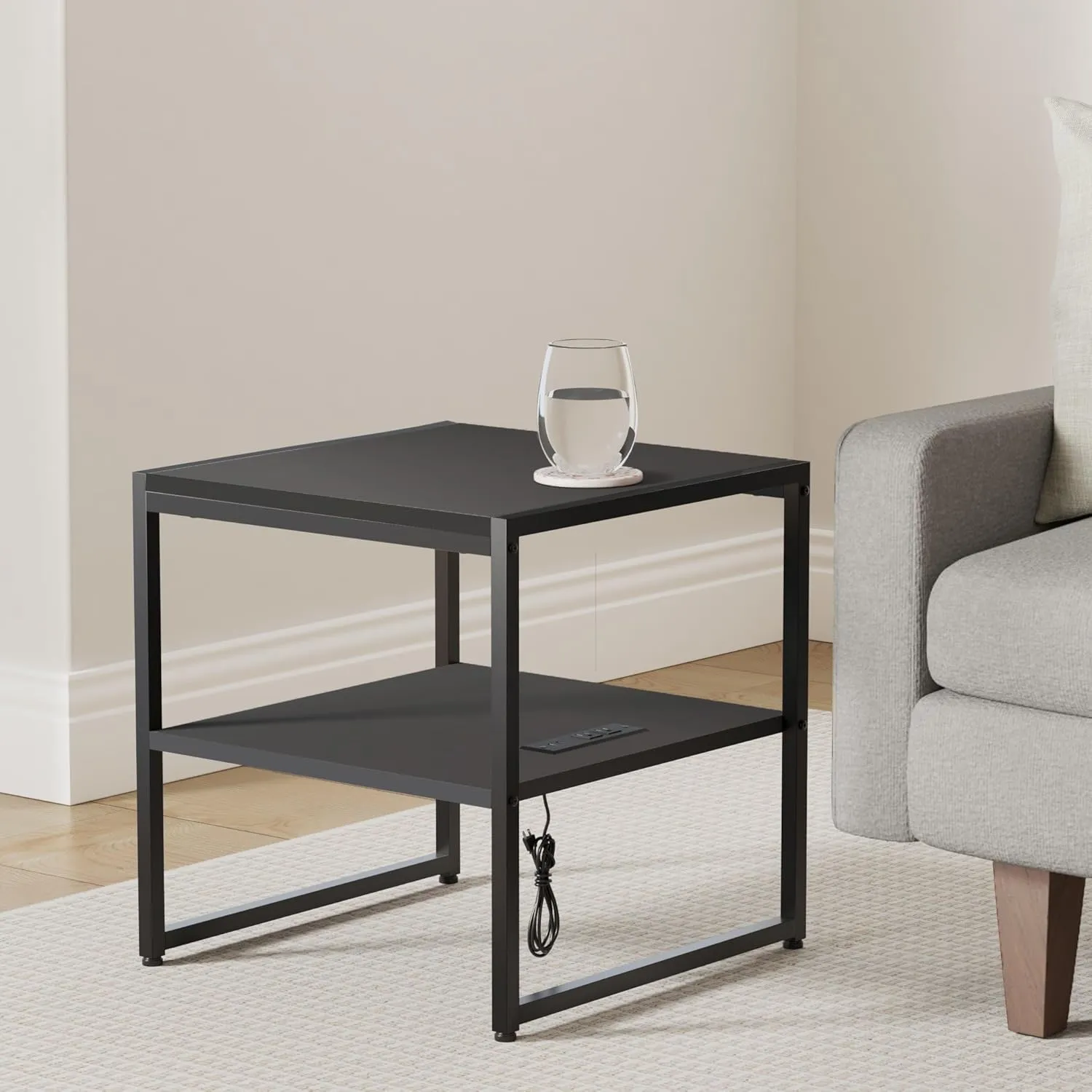 Tatub 20" End Table with Charging Station, Industrial Square Side Table with USB Ports & Outlets, Versatile 2-Tier Small Nightstand for Bedroom Living Room, Black