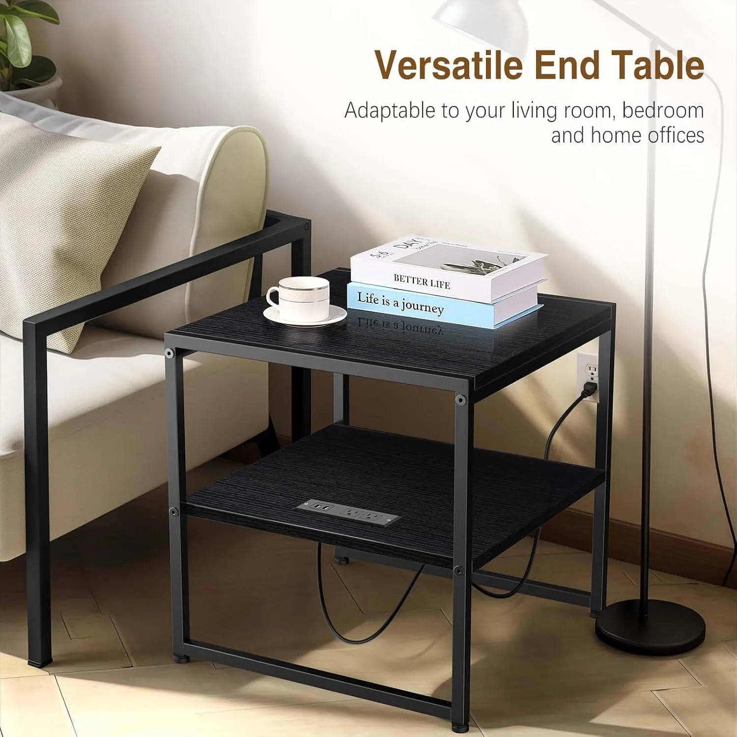 Tatub 20" End Table with Charging Station, Industrial Square Side Table with USB Ports & Outlets, Versatile 2-Tier Small Nightstand for Bedroom Living Room, Black