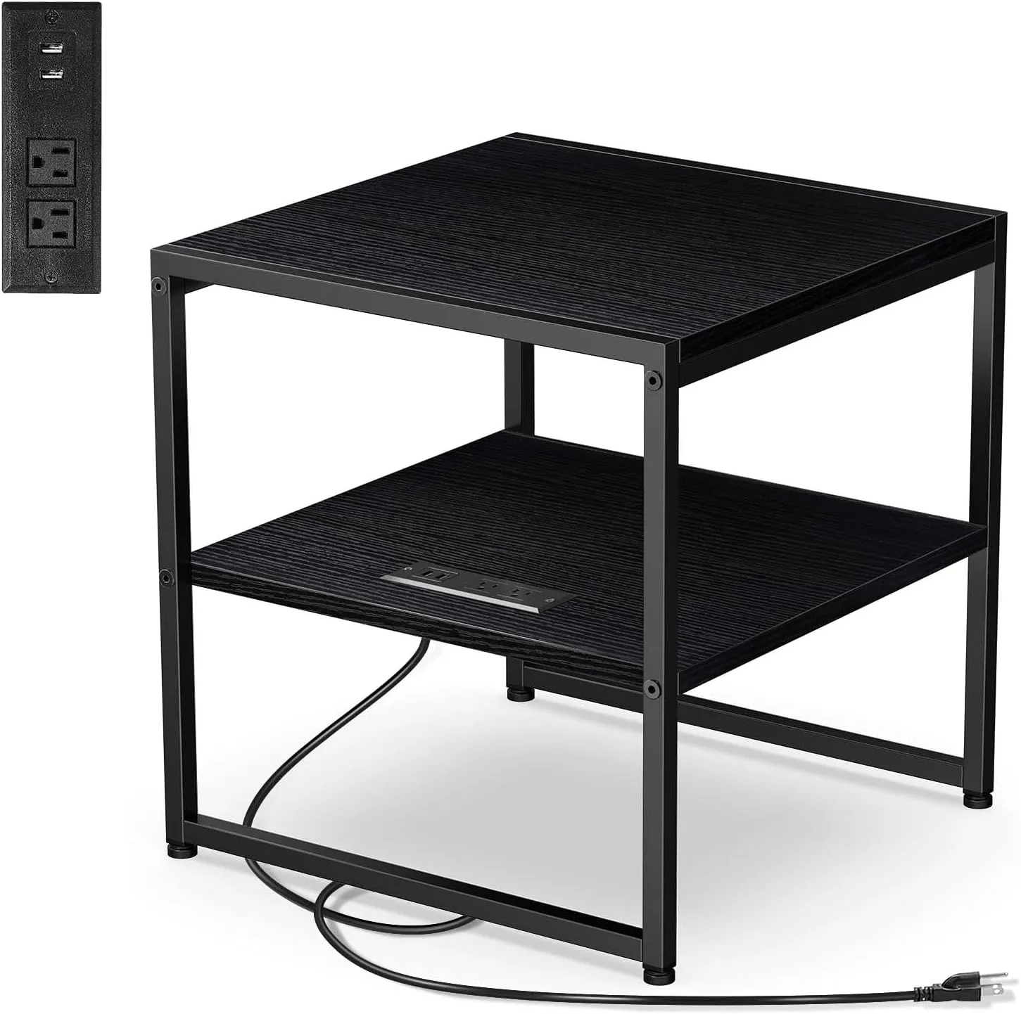 Tatub 20" End Table with Charging Station, Industrial Square Side Table with USB Ports & Outlets, Versatile 2-Tier Small Nightstand for Bedroom Living Room, Black