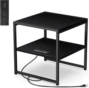 Tatub 20" End Table with Charging Station, Industrial Square Side Table with USB Ports & Outlets, Versatile 2-Tier Small Nightstand for Bedroom Living Room, Black