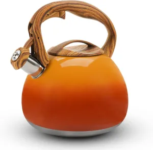Tea Kettle Stovetop, 3.2Qt Stainless Steel Tea pots with Wood Grain Handle Food Grade Whistling Tea kettle,Induction/Gas Stoves (Orange-Red Gradient)