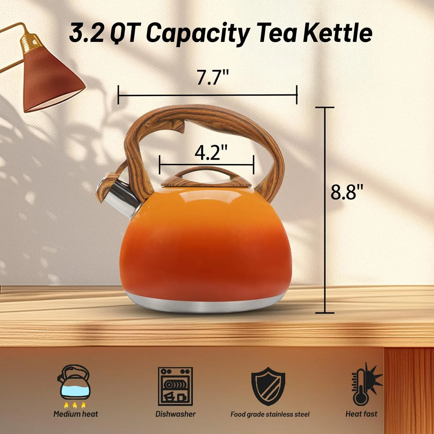 Tea Kettle Stovetop, 3.2Qt Stainless Steel Tea pots with Wood Grain Handle Food Grade Whistling Tea kettle,Induction/Gas Stoves (Orange-Red Gradient)