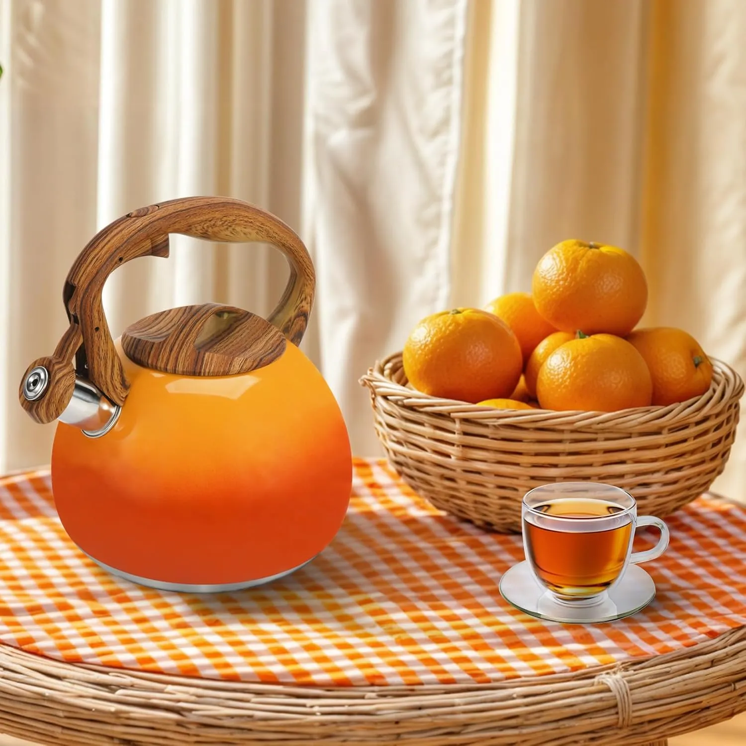 Tea Kettle Stovetop, 3.2Qt Stainless Steel Tea pots with Wood Grain Handle Food Grade Whistling Tea kettle,Induction/Gas Stoves (Orange-Red Gradient)