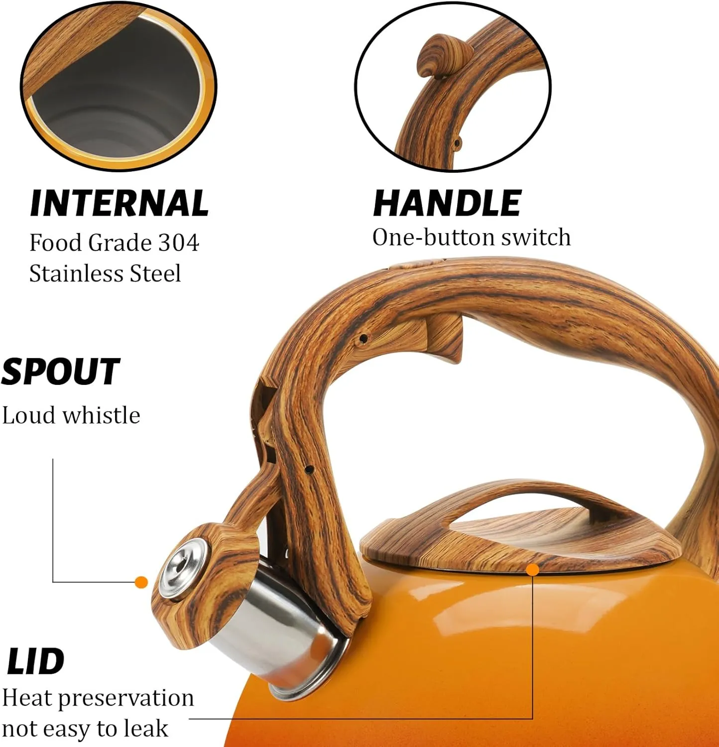 Tea Kettle Stovetop, 3.2Qt Stainless Steel Tea pots with Wood Grain Handle Food Grade Whistling Tea kettle,Induction/Gas Stoves (Orange-Red Gradient)