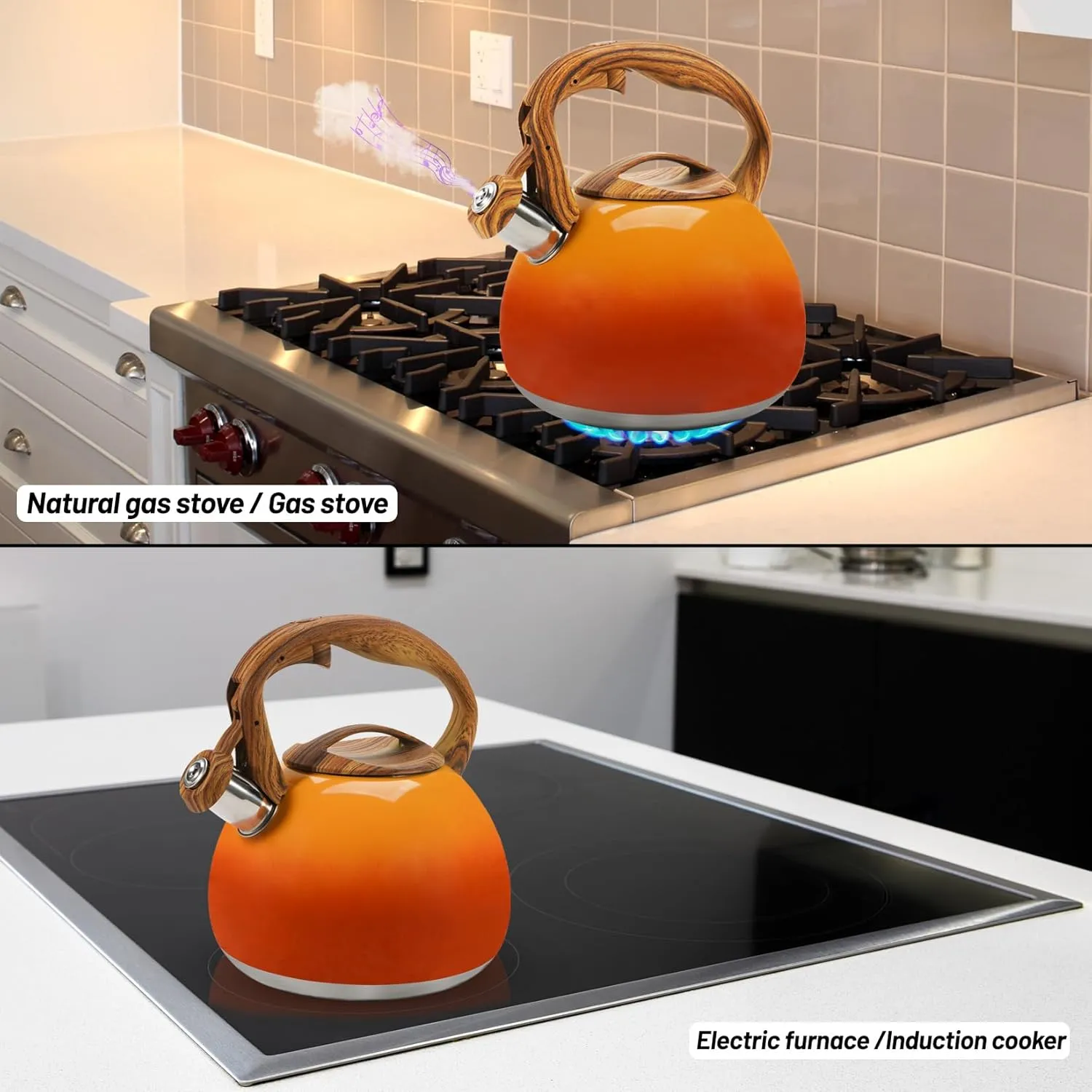 Tea Kettle Stovetop, 3.2Qt Stainless Steel Tea pots with Wood Grain Handle Food Grade Whistling Tea kettle,Induction/Gas Stoves (Orange-Red Gradient)