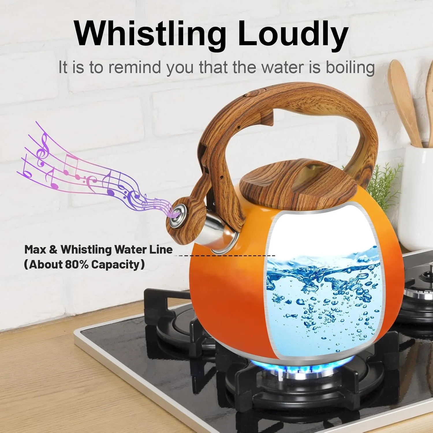 Tea Kettle Stovetop, 3.2Qt Stainless Steel Tea pots with Wood Grain Handle Food Grade Whistling Tea kettle,Induction/Gas Stoves (Orange-Red Gradient)