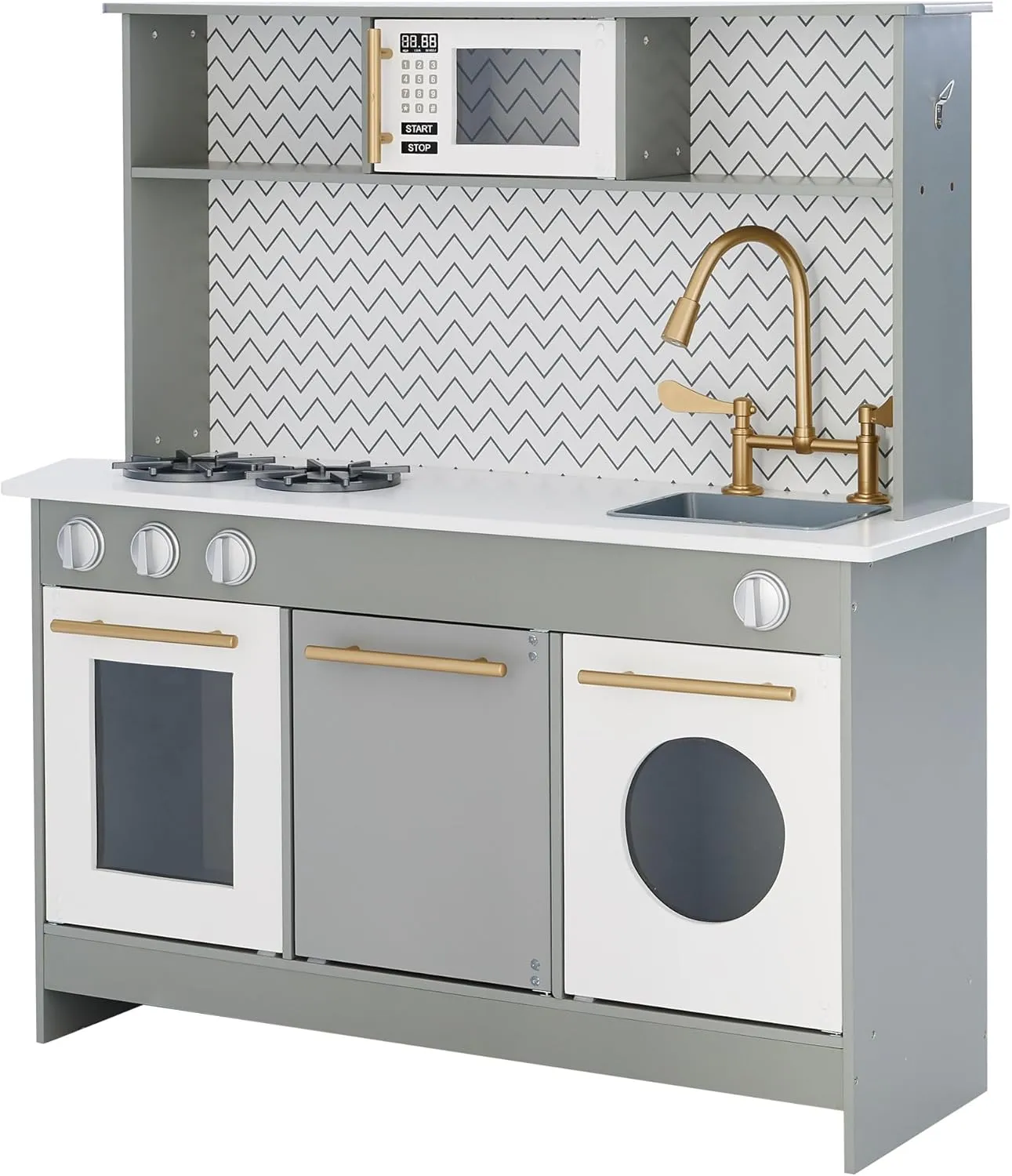 Teamson Kids Little Chef Berlin Kids Play Kitchen with 6 Kitchen Accessories, Wooden Play Kitchen Set for Toddlers with Modern Chevron Backsplash, Gold Hardware, & Storage Shelves, Gray/White