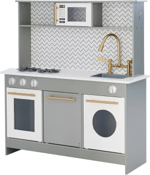 Teamson Kids Little Chef Berlin Kids Play Kitchen with 6 Kitchen Accessories, Wooden Play Kitchen Set for Toddlers with Modern Chevron Backsplash, Gold Hardware, & Storage Shelves, Gray/White