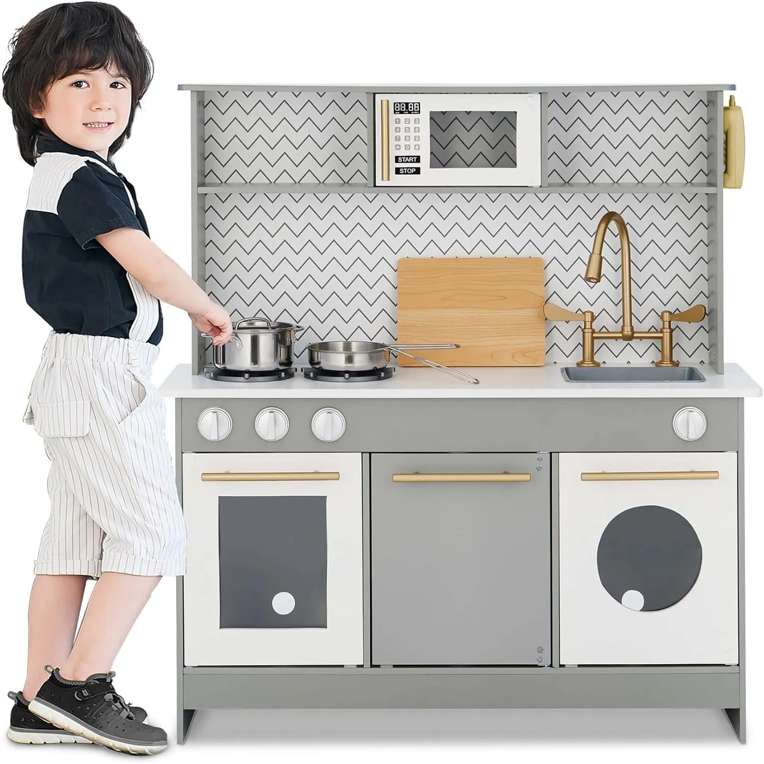 Teamson Kids Little Chef Berlin Kids Play Kitchen with 6 Kitchen Accessories, Wooden Play Kitchen Set for Toddlers with Modern Chevron Backsplash, Gold Hardware, & Storage Shelves, Gray/White