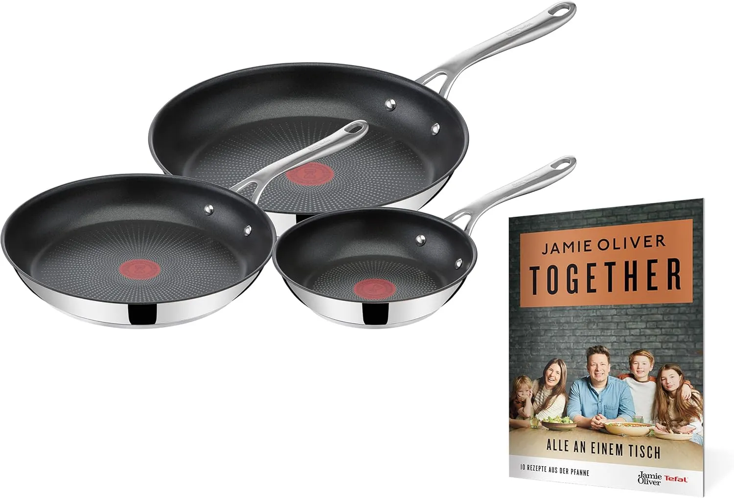 Tefal Jamie Oliver Cook's Direct On Pan Set 20/24/28 cm, Recipe Booklet, Non-Stick Induction, Oven-Safe, Stainless Steel, Riveted Handle, E304S3.TOG