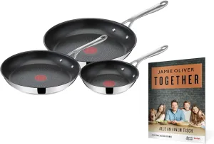 Tefal Jamie Oliver Cook's Direct On Pan Set 20/24/28 cm, Recipe Booklet, Non-Stick Induction, Oven-Safe, Stainless Steel, Riveted Handle, E304S3.TOG