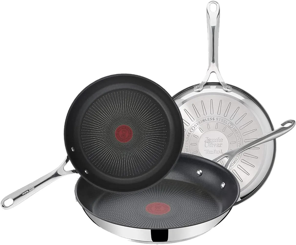 Tefal Jamie Oliver Cook's Direct On Pan Set 20/24/28 cm, Recipe Booklet, Non-Stick Induction, Oven-Safe, Stainless Steel, Riveted Handle, E304S3.TOG